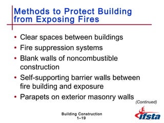 Methods to Protect Building
from Exposing Fires

• Clear spaces between buildings
• Fire suppression systems
• Blank walls of noncombustible
  construction
• Self-supporting barrier walls between
  fire building and exposure
• Parapets on exterior masonry walls  (Continued)

              Building Construction
                      1–19
 