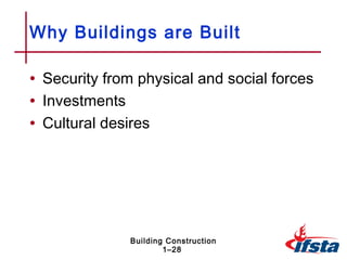 Why Buildings are Built

• Security from physical and social forces
• Investments
• Cultural desires




              Building Construction
                      1–28
 