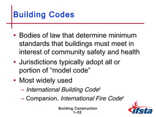 Building Codes

• Bodies of law that determine minimum
  standards that buildings must meet in
  interest of community safety and health
• Jurisdictions typically adopt all or
  portion of “model code”
• Most widely used
  – International Building Code®
  – Companion, International Fire Code®
               Building Construction
                       1–32
 