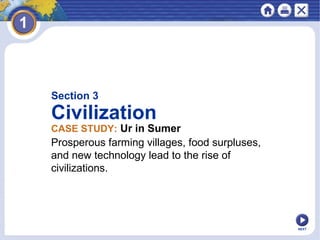 Section 3
Civilization
Prosperous farming villages, food surpluses,
and new technology lead to the rise of
civilizations.
NEXT
CASE STUDY: Ur in Sumer
 