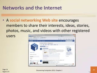 Networks and the Internet
• A social networking Web site encourages
members to share their interests, ideas, stories,
photos, music, and videos with other registered
users
Discovering Computers 2012: Chapter 1 14Page 14
Figure 1-9
 