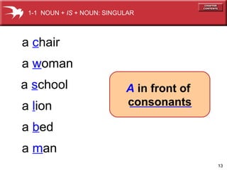 1-1 NOUN + IS + NOUN: SINGULAR

a chair
a woman
a school
a lion

A in front of
consonants

a bed
a man
13

 