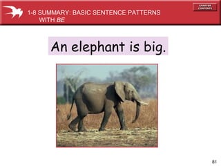 1-8 SUMMARY: BASIC SENTENCE PATTERNS
WITH BE

An elephant is big.

81

 