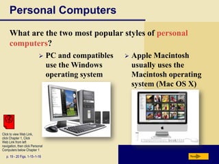 Personal Computers
What are the two most popular styles of personal
computers?


PC and compatibles
use the Windows
operating system



Apple Macintosh
usually uses the
Macintosh operating
system (Mac OS X)

Click to view Web Link,
click Chapter 1, Click
Web Link from left
navigation, then click Personal
Computers below Chapter 1
p. 19 - 20 Figs. 1-15–1-16

Next

 