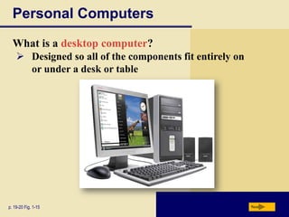 Personal Computers
What is a desktop computer?
 Designed so all of the components fit entirely on
or under a desk or table

p. 19-20 Fig. 1-15

Next

 