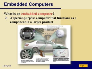 Embedded Computers
What is an embedded computer?
 A special-purpose computer that functions as a
component in a larger product

p. 24 Fig. 1-26

Next

 