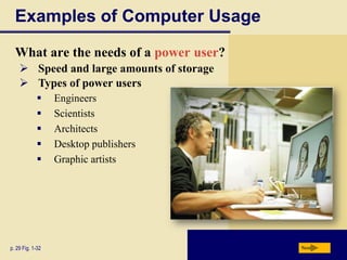 Examples of Computer Usage
What are the needs of a power user?
 Speed and large amounts of storage
 Types of power users






p. 29 Fig. 1-32

Engineers
Scientists
Architects
Desktop publishers
Graphic artists

Next

 