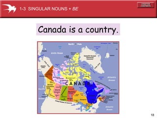 18 
1-3 SINGULAR NOUNS + BE 
Canada is a country. 
 
