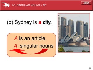 20 
1-3 SINGULAR NOUNS + BE 
(b) Sydney is a cciitty.. 
A is an article. 
A singular nouns 
 