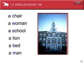 23 
1-3 SINGULAR NOUNS + BE 
a chair 
a woman 
a school 
a lion 
a bed 
a man 
 