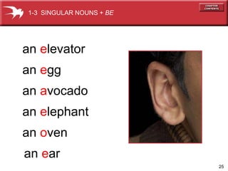 25 
1-3 SINGULAR NOUNS + BE 
an elevator 
an egg 
an avocado 
an elephant 
an oven 
an ear 
 