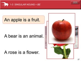 27 
1-3 SINGULAR NOUNS + BE 
An apple is a fruit. 
A bear is an animal. 
A rose is a flower. 
 
