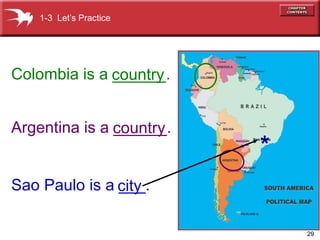 29 
1-3 Let’s Practice 
Colombia is a ______. 
country 
Argentina is a ______. 
country 
Sao Paulo is a ___. 
city 
* Sao Paulo 
 