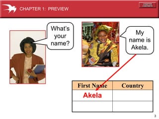 3 
My 
name is 
Akela. 
First Name Country 
CHAPTER 1: PREVIEW 
What’s 
your 
name? 
Akela 
 