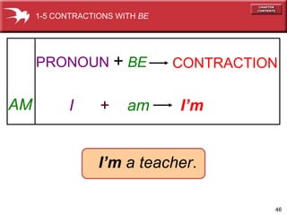 1-5 CONTRACTIONS WITH BE 
PRONOUN + BE CONTRACTION 
46 
AM I + am I’m 
I’m a teacher. 
 