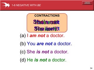 54 
1-6 NEGATIVE WITH BE 
CONTRACTIONS 
She’s not 
She isn’t 
He’s not 
He isn’t 
YIo’mu’ rne ontot 
You aren’t 
(a) I am not a doctor. 
(b) You are not a doctor. 
(c) She is not a doctor. 
(d) He is not a doctor. 
 