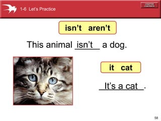58 
isn’t aren’t 
This animal _____ a dog. 
it cat 
_________. 
1-6 Let’s Practice 
isn’t 
It’s a cat 
 