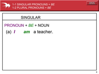 8 
1-1 SINGULAR PRONOUNS + BE 
1-2 PLURAL PRONOUNS + BE 
SINGULAR 
PRONOUN + BE + NOUN 
(a) I am a teacher. 
 