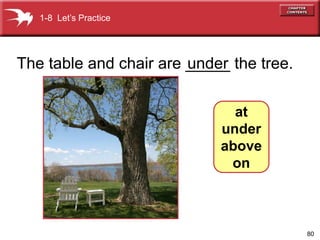 80 
1-8 Let’s Practice 
The table and chair are _u_n_d_e_r the tree. 
at 
under 
above 
on 
 