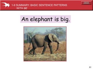81 
1-9 SUMMARY: BASIC SENTENCE PATTERNS 
WITH BE 
An elephant is big. 
 