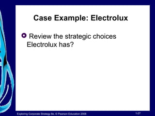 Case Example: Electrolux 
 Review the strategic choices 
Electrolux has? 
Exploring Corporate Strategy 8e, © Pearson Education 2008 1-27 
