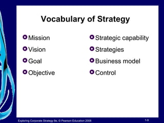 Vocabulary of Strategy 
Mission 
Vision 
Goal 
Objective 
Strategic capability 
Strategies 
Business model 
Control 
Exploring Corporate Strategy 8e, © Pearson Education 2008 1-9 
 
