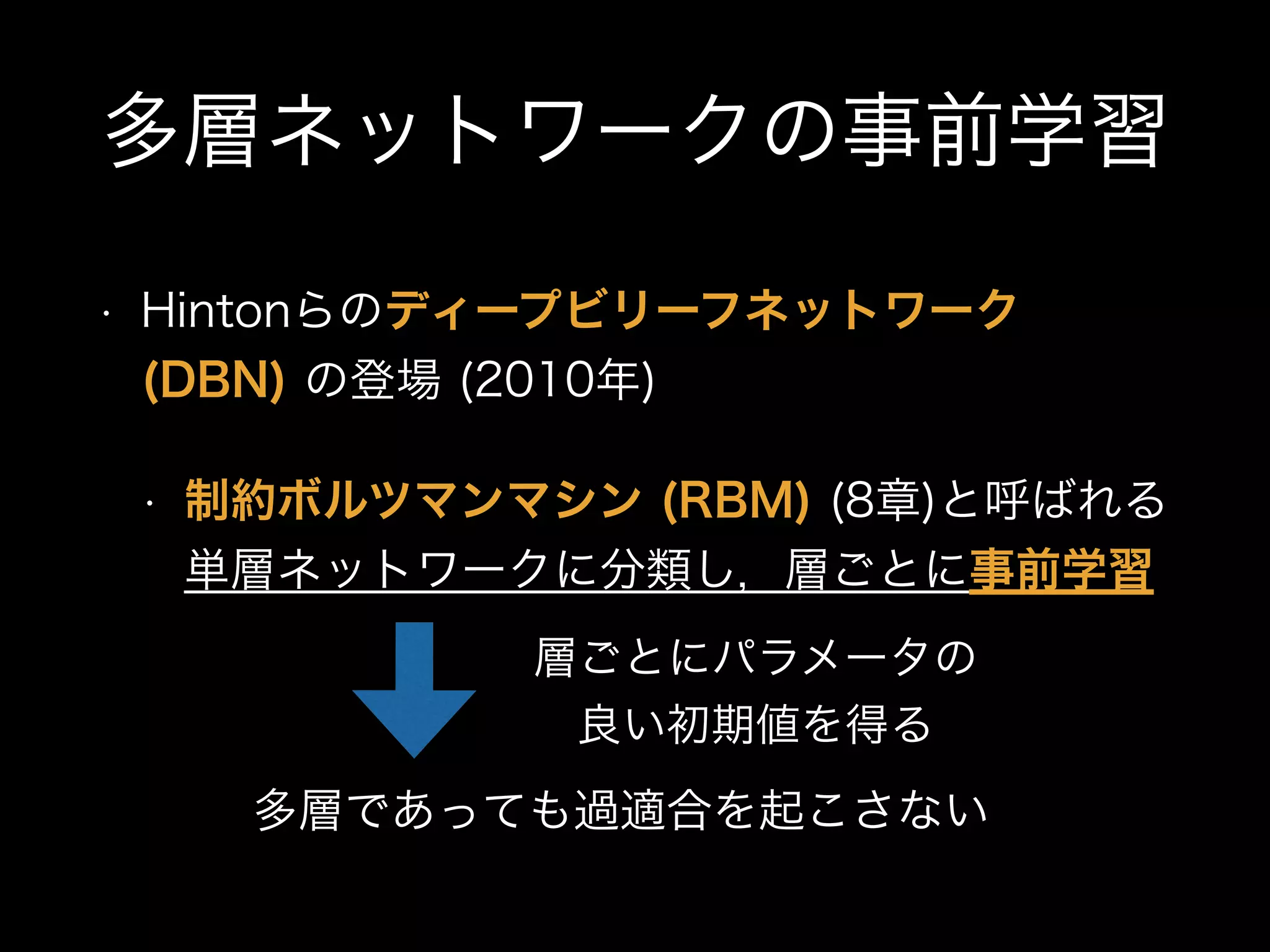 多層ネットワークの事前学習
• Hintonらのディープビリーフネットワーク
(DBN) の登場 (2010年)
• 制約ボルツマンマシン (RBM) (8章)と呼ばれる
単層ネットワークに分類し，層ごとに事前学習
   多層であっても過適合を起こさない
層ごとにパラメータの
良い初期値を得る
 