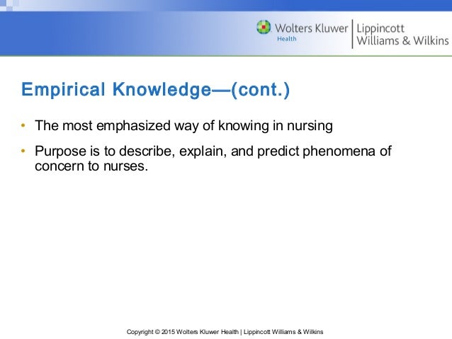 empiric knowing in nursing The essence of nursing: knowledge and caring chapter 2 of these ways of knowing when providing care 1 empirical knowing focuses on facts and is. empiric knowing in nursing The essence of nursing: knowledge and caring chapter 2 of these ways of knowing when providing care 1 empirical knowing focuses on facts and is.