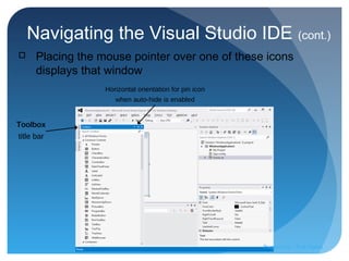 Navigating the Visual Studio IDE (cont.)
Toolbox
title bar
Horizontal orientation for pin icon
when auto-hide is enabled
 Placing the mouse pointer over one of these icons
displays that window
Prepared by:: Pork Naron
 