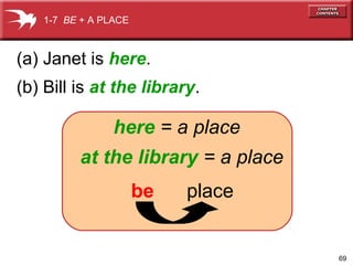 69
(a) Janet is here.
(b) Bill is at the library.
here = a place
at the library = a place
be place
1-7 BE + A PLACE
 