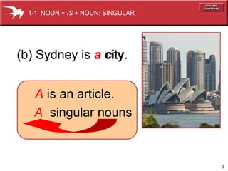 9
(b) Sydney is a city.(b) Sydney is a city.
1-1 NOUN + IS + NOUN: SINGULAR
A is an article.
A singular nouns
 