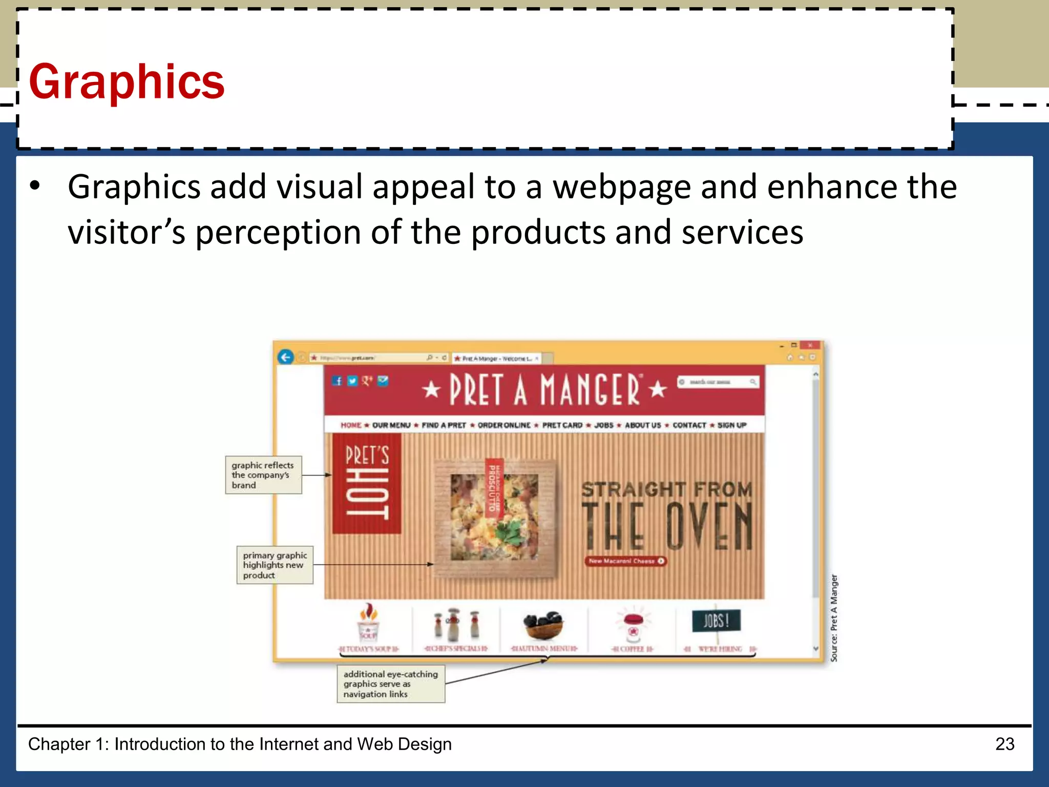 • Graphics add visual appeal to a webpage and enhance the
visitor’s perception of the products and services
Chapter 1: Introduction to the Internet and Web Design 23
Graphics
 