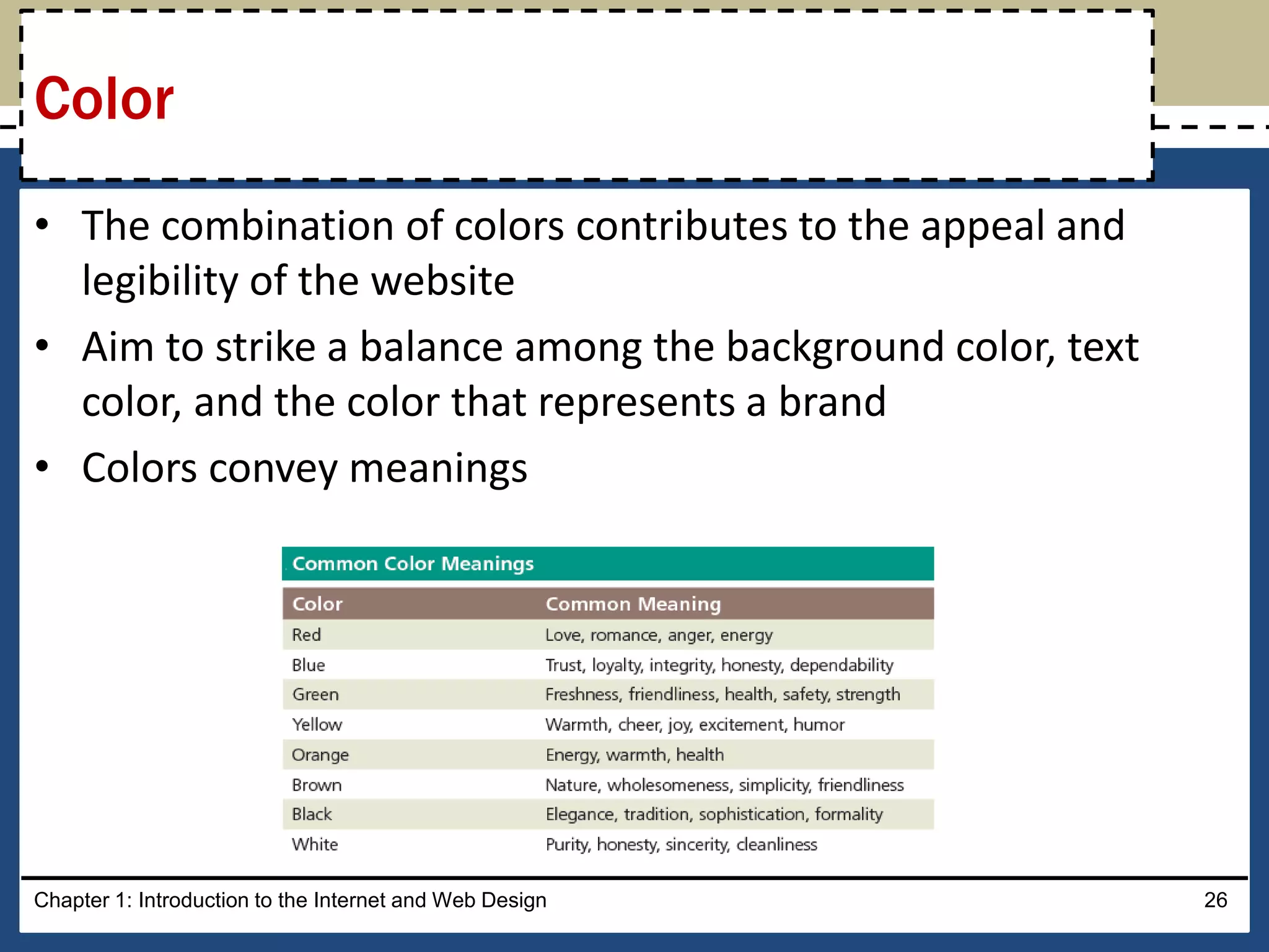 • The combination of colors contributes to the appeal and
legibility of the website
• Aim to strike a balance among the background color, text
color, and the color that represents a brand
• Colors convey meanings
Chapter 1: Introduction to the Internet and Web Design 26
Color
 