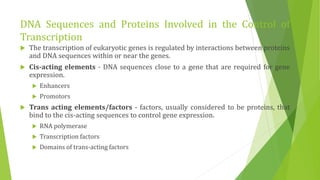 DNA Sequences and Proteins Involved in the Control of
Transcription
 The transcription of eukaryotic genes is regulated by interactions between proteins
and DNA sequences within or near the genes.
 Cis-acting elements - DNA sequences close to a gene that are required for gene
expression.
 Enhancers
 Promotors
 Trans acting elements/factors - factors, usually considered to be proteins, that
bind to the cis-acting sequences to control gene expression.
 RNA polymerase
 Transcription factors
 Domains of trans-acting factors
 