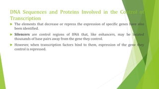 DNA Sequences and Proteins Involved in the Control of
Transcription
 The elements that decrease or repress the expression of specific genes have also
been identified.
 Silencers are control regions of DNA that, like enhancers, may be located
thousands of base pairs away from the gene they control.
 However, when transcription factors bind to them, expression of the gene they
control is repressed.
 