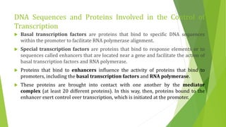 DNA Sequences and Proteins Involved in the Control of
Transcription
 Basal transcription factors are proteins that bind to specific DNA sequences
within the promoter to facilitate RNA polymerase alignment.
 Special transcription factors are proteins that bind to response elements or to
sequences called enhancers that are located near a gene and facilitate the action of
basal transcription factors and RNA polymerase.
 Proteins that bind to enhancers influence the activity of proteins that bind to
promoters, including the basal transcription factors and RNA polymerase.
 These proteins are brought into contact with one another by the mediator
complex (at least 20 different proteins). In this way, then, proteins bound to the
enhancer exert control over transcription, which is initiated at the promoter.
 