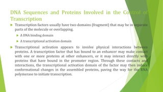 DNA Sequences and Proteins Involved in the Control of
Transcription
 Transcription factors usually have two domains (fragment) that may be in separate
parts of the molecule or overlapping.
 A DNA binding domain
 A transcriptional activation domain
 Transcriptional activation appears to involve physical interactions between
proteins. A transcription factor that has bound to an enhancer may make contact
with one or more proteins at other enhancers, or it may interact directly with
proteins that have bound in the promoter region. Through these contacts and
interactions, the transcriptional activation domain of the factor may then induce
conformational changes in the assembled proteins, paving the way for the RNA
polymerase to initiate transcription.
 