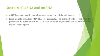 Sources of siRNA and miRNA
 miRNAs are derived from endogenous transcripts of the mir genes.
 Long double-stranded RNA that is transfected or injected into a cell can be
processed to form an siRNA. This can be used experimentally to knock down
expression of a gene.
 