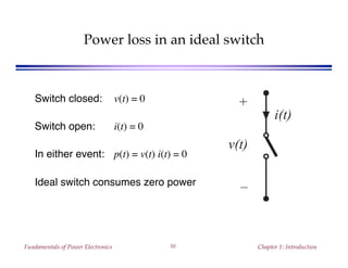Fundamentals of Power Electronics Chapter 1: Introduction10
Power loss in an ideal switch
Switch closed: v(t) = 0
Switch open: i(t) = 0
In either event: p(t) = v(t) i(t) = 0
Ideal switch consumes zero power
+
v(t)
–
i(t)
 