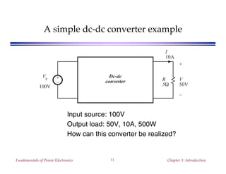 Fundamentals of Power Electronics Chapter 1: Introduction11
A simple dc-dc converter example
Input source: 100V
Output load: 50V, 10A, 500W
How can this converter be realized?
+
–
R
5Ω
+
V
50V
–
Vg
100V
I
10A
Dc-dc
converter
 