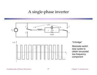 Fundamentals of Power Electronics Chapter 1: Introduction19
A single-phase inverter
1
2
+
–
load
+ v(t) –
2
1
Vg
vs(t)
+ –
t
vs(t) “H-bridge”
Modulate switch
duty cycles to
obtain sinusoidal
low-frequency
component
 
