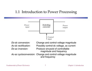 Fundamentals of Power Electronics Chapter 1: Introduction3
1.1 Introduction to Power Processing
Dc-dc conversion: Change and control voltage magnitude
Ac-dc rectification: Possibly control dc voltage, ac current
Dc-ac inversion: Produce sinusoid of controllable
magnitude and frequency
Ac-ac cycloconversion: Change and control voltage magnitude
and frequency
Switching
converter
Power
input
Power
output
Control
input
 