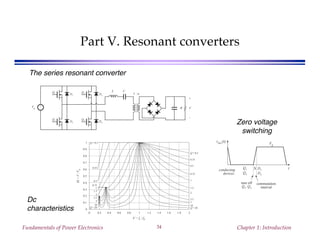 Fundamentals of Power Electronics Chapter 1: Introduction34
Part V. Resonant converters
L
+
–
Vg
CQ1
Q2
Q3
Q4
D1
D2
D3
D4
1 : n
R
+
V
–
0
0.1
0.2
0.3
0.4
0.5
0.6
0.7
0.8
0.9
1
0 0.2 0.4 0.6 0.8 1 1.2 1.4 1.6 1.8 2
M=V/Vg
F = fs / f0
Q = 20
10
5
3.5
2
1.5
1
0.75
0.5
0.35
Q = 0.2
Q = 20
10
5
3.5
2
1.5
1
0.75
0.5
0.35
Q = 0.2
The series resonant converter
Dc
characteristics
conducting
devices:
t
Vg
vds1(t)
Q1
Q4
D2
D3
turn off
Q1
, Q4
commutation
interval
X
Zero voltage
switching
 