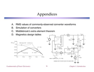Fundamentals of Power Electronics Chapter 1: Introduction36
Appendices
A. RMS values of commonly-observed converter waveforms
B. Simulation of converters
C. Middlebrook’s extra element theorem
D. Magnetics design tables
2
1
3
4
5
CCM-DCM1
+
–
+
–
+
–
C2
50 µH
11 kΩ
500 µF
Vg
28 V
L
C
R
vref
5 V
+12 V
LM324
R1
R2
R3 C3
R4
85 kΩ
1.1 nF2.7 nF
47 kΩ
120 kΩ
vz
–vyvx
Epwm
VM = 4 V
value = {LIMIT(0.25 vx, 0.1, 0.9)}
+
v
–
iLOAD1 2 3
4
5678
.nodeset v(3)=15 v(5)=5 v(6)=4.144 v(8)=0.536
Xswitch
L = 50 µΗ
fs = 100 kΗz
f
|| Gvg ||
–60 dB
–80 dB
0 dB
20 dB
5 Hz 50 Hz 5 kHz 50 kHz500 Hz
R = 3 Ω
R = 25 Ω
–40 dB
–20 dB
Open loop, d(t) = constant
Closed loop
 