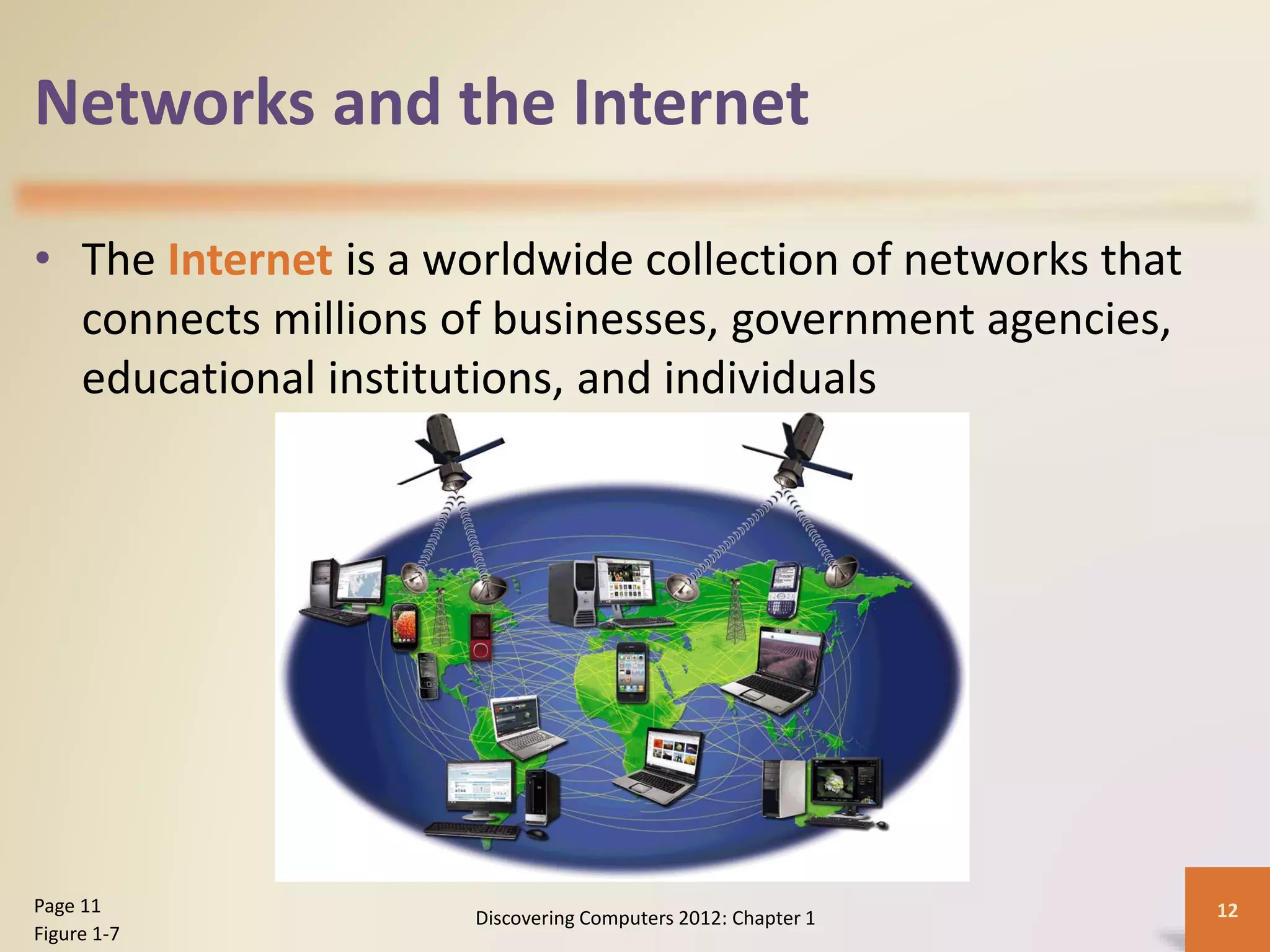 Networks and the Internet
• The Internet is a worldwide collection of networks that
connects millions of businesses, government agencies,
educational institutions, and individuals
Discovering Computers 2012: Chapter 1 12Page 11
Figure 1-7
 