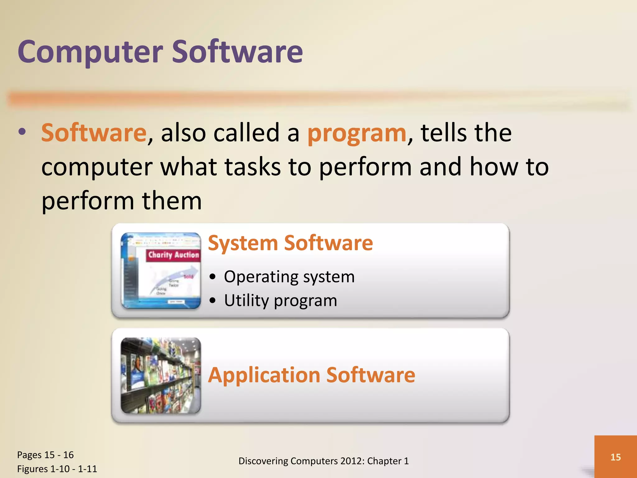 Computer Software
• Software, also called a program, tells the
computer what tasks to perform and how to
perform them
Discovering Computers 2012: Chapter 1 15Pages 15 - 16
Figures 1-10 - 1-11
System Software
• Operating system
• Utility program
Application Software
 
