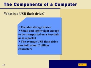 The Components of a Computer
What is a USB flash drive?
p. 8 Next
Portable storage device
Small and lightweight enough
to be transported on a keychain
or in a pocket
The average USB flash drive
can hold about 2 billion
characters
Portable storage device
Small and lightweight enough
to be transported on a keychain
or in a pocket
The average USB flash drive
can hold about 2 billion
characters
 