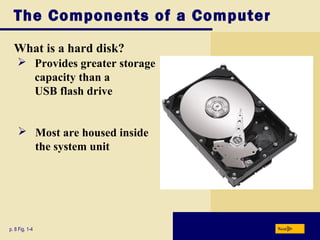 The Components of a Computer
What is a hard disk?
p. 8 Fig. 1-4 Next
 Provides greater storage
capacity than a
USB flash drive
 Most are housed inside
the system unit
 