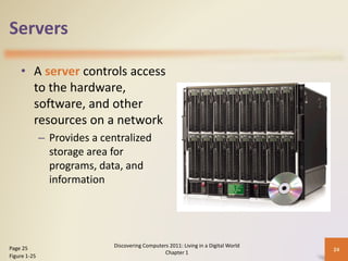 Servers
• A server controls access
to the hardware,
software, and other
resources on a network
– Provides a centralized
storage area for
programs, data, and
information
Discovering Computers 2011: Living in a Digital World
Chapter 1
24Page 25
Figure 1-25
 