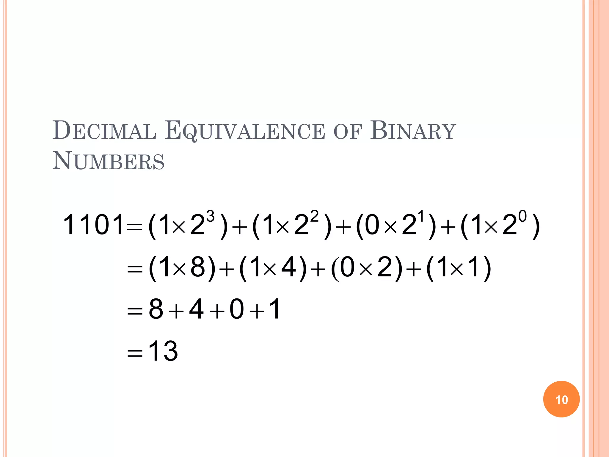 DECIMAL EQUIVALENCE OF BINARY
NUMBERS
10
13
1048
1)(12)04)(18)(1
)2(1)2(0)2(1)2(11101 0123




(
 